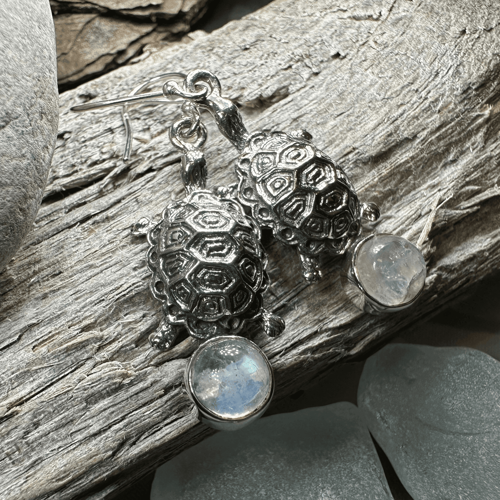 Turtle Moonstone Earrings - Round Stone