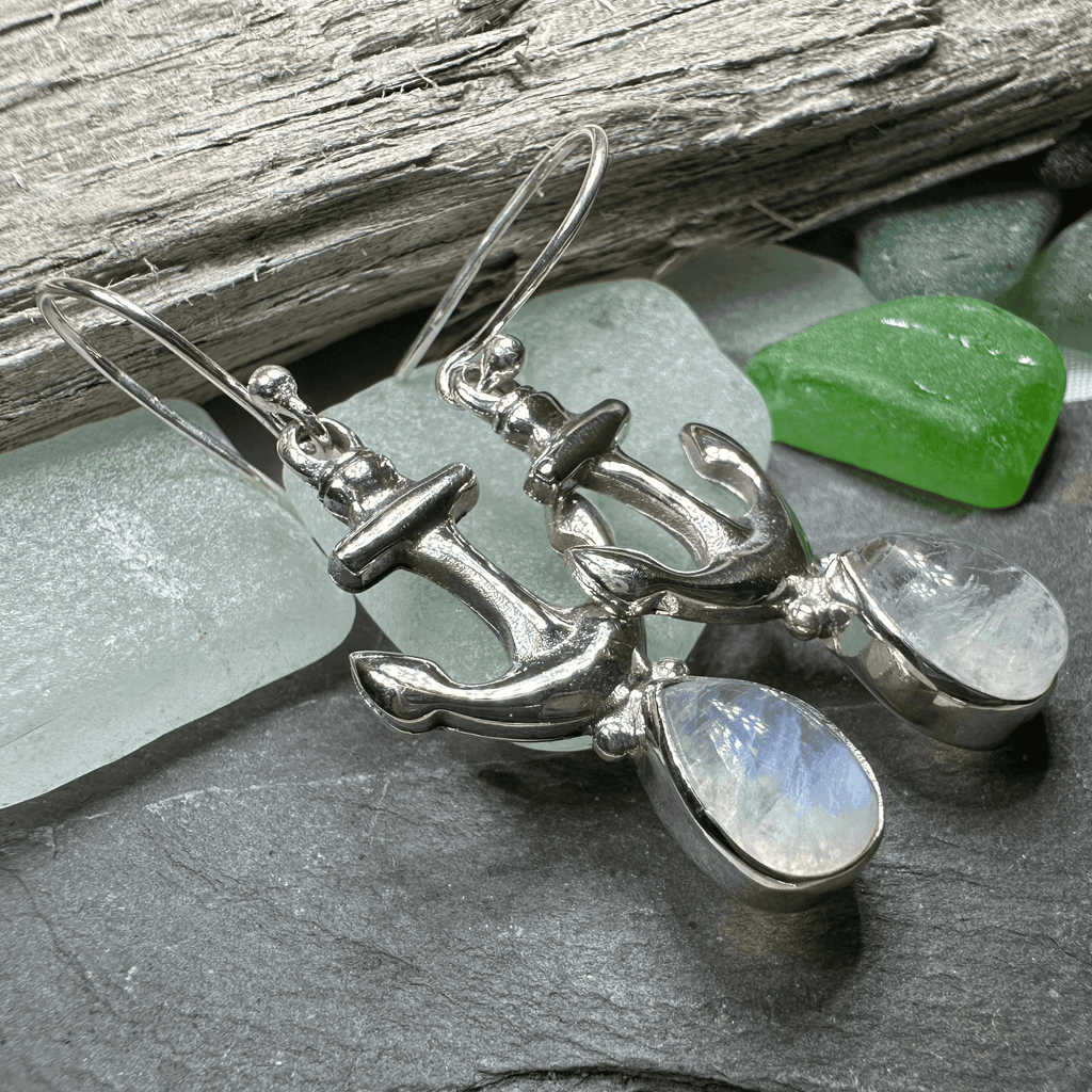 Moonstone Anchor Earrings - Teardrop Stone