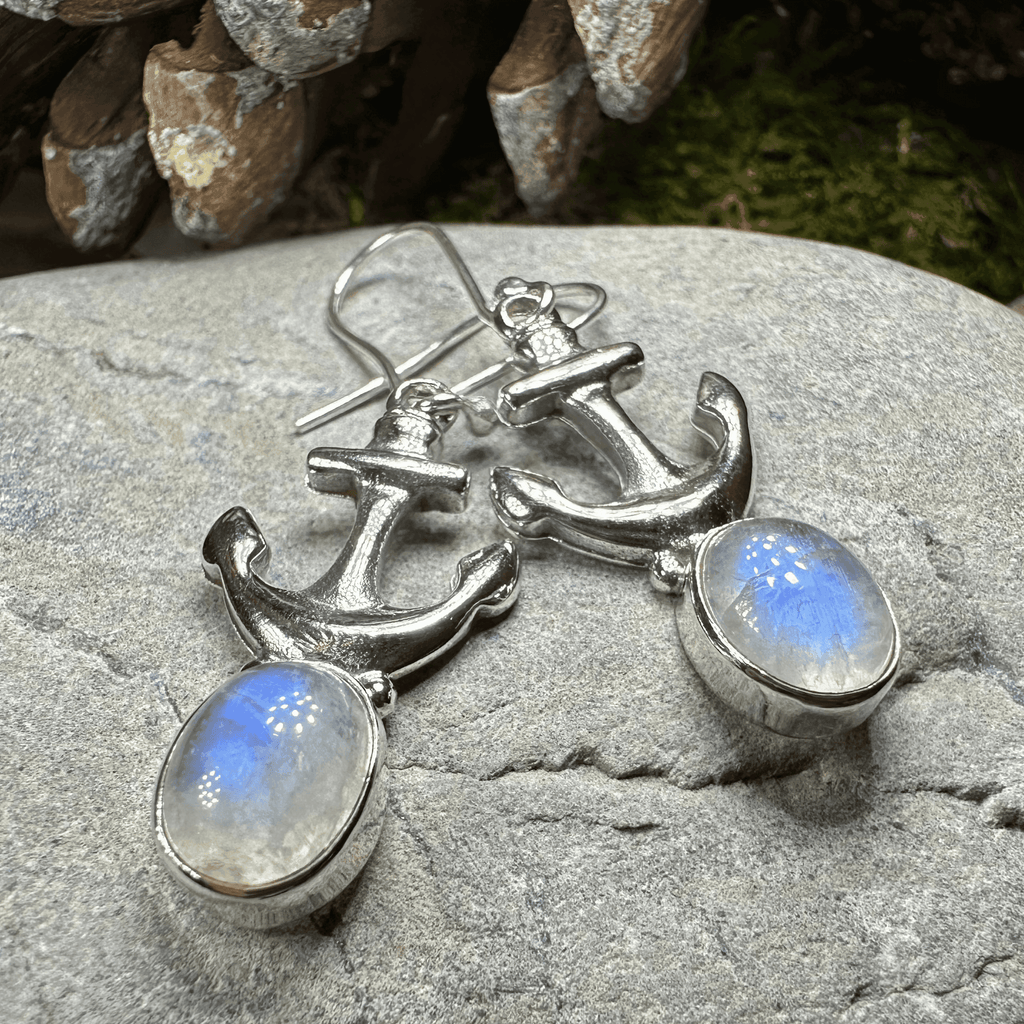 Moonstone Anchor Earrings - Oval Stone