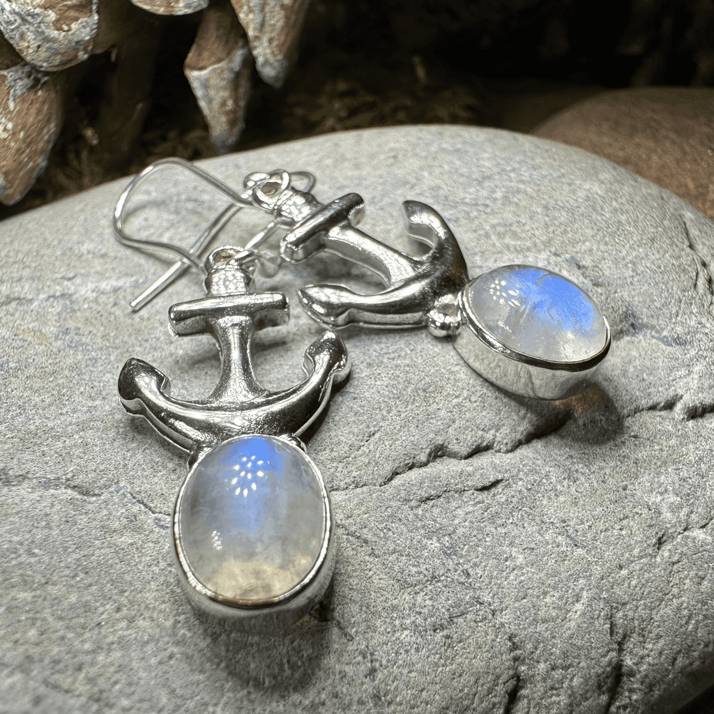Moonstone Anchor Earrings - Oval Stone