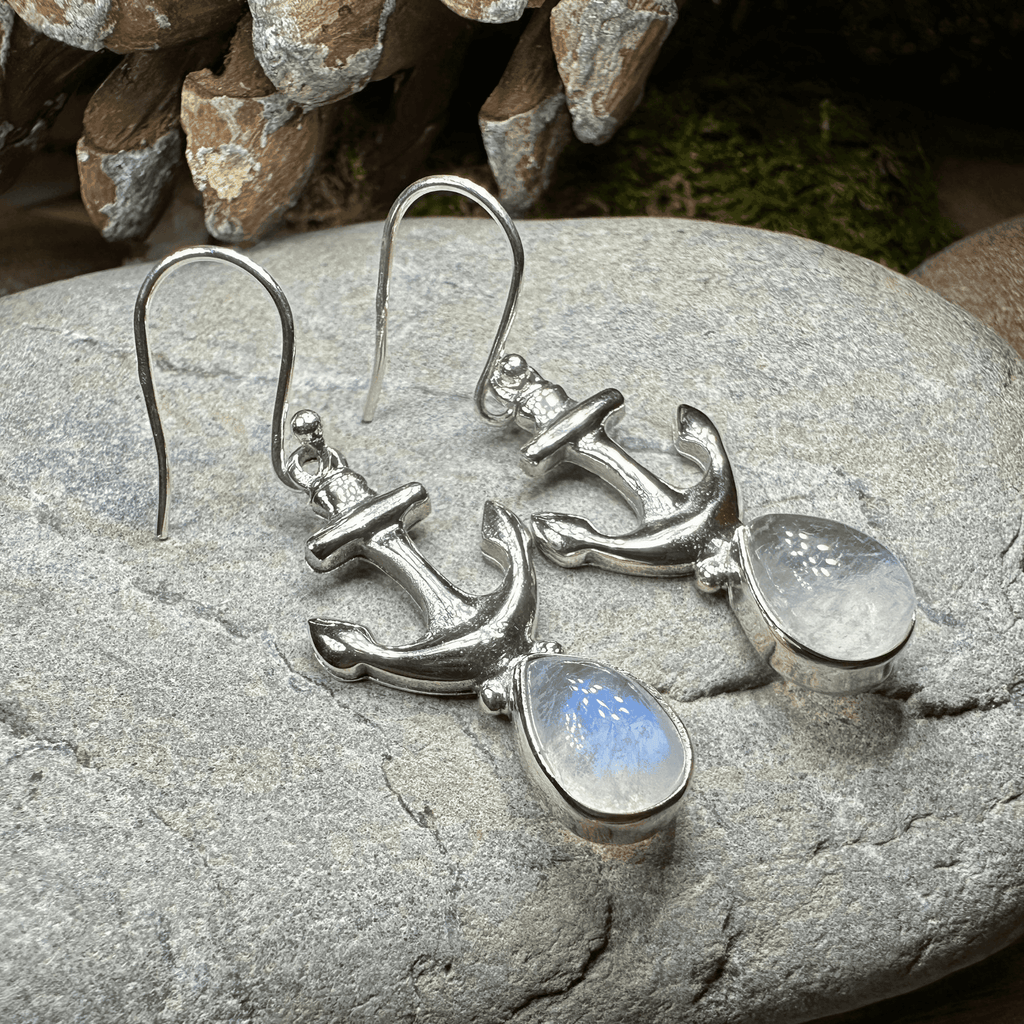 Moonstone Anchor Earrings - Oval Stone
