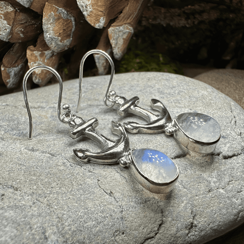 Moonstone Anchor Earrings - Oval Stone