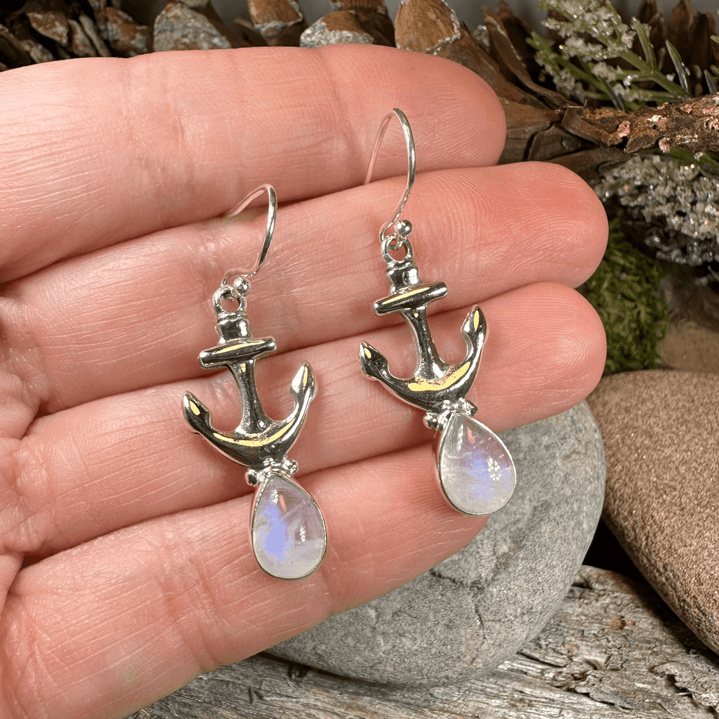 Moonstone Anchor Earrings - Oval Stone