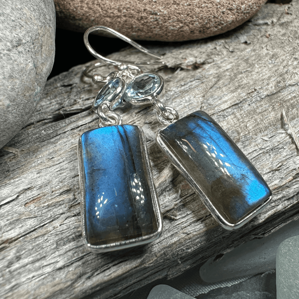 Celtic Waters Earrings - Square Stone Blue Topaz