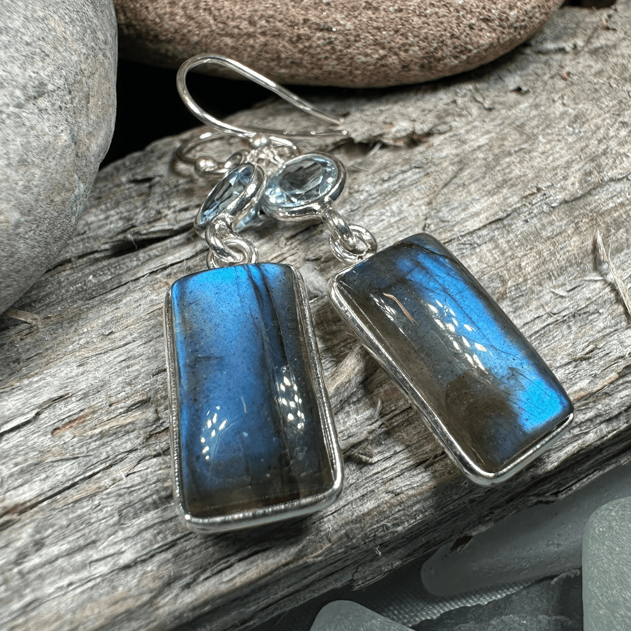 Celtic Waters Earrings - Square Stone Blue Topaz