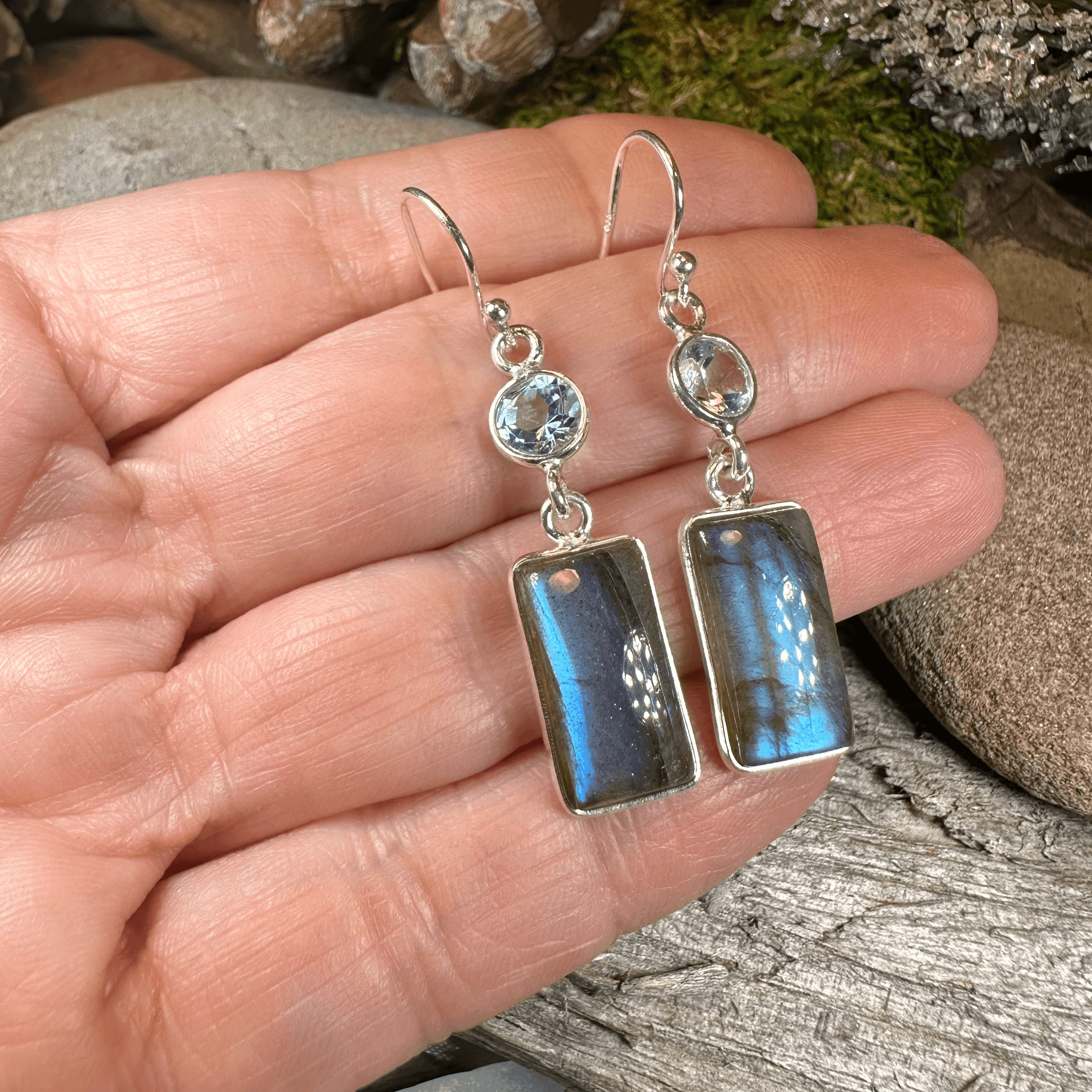 Celtic Waters Earrings - Square Stone Blue Topaz