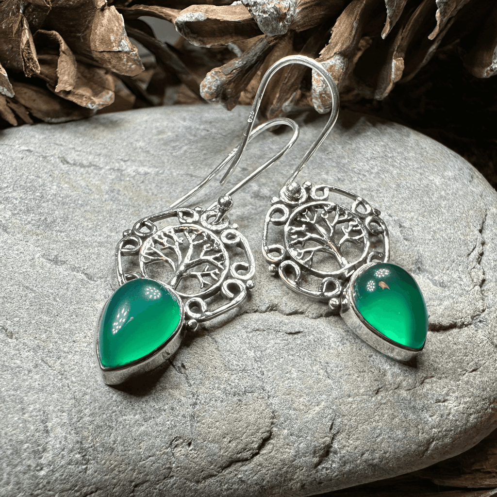 Ancient Tree of Life Earrings - Green Chalcedony
