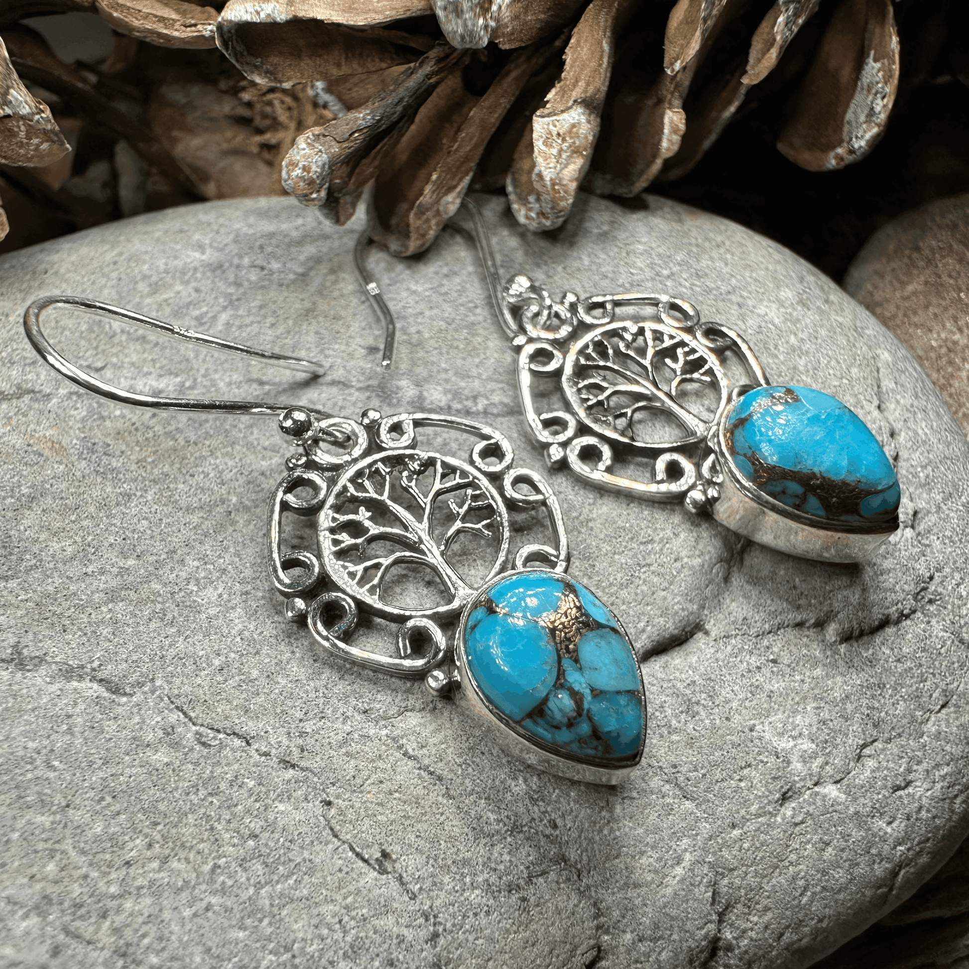 Ancient Tree of Life Earrings - Blue Turquoise