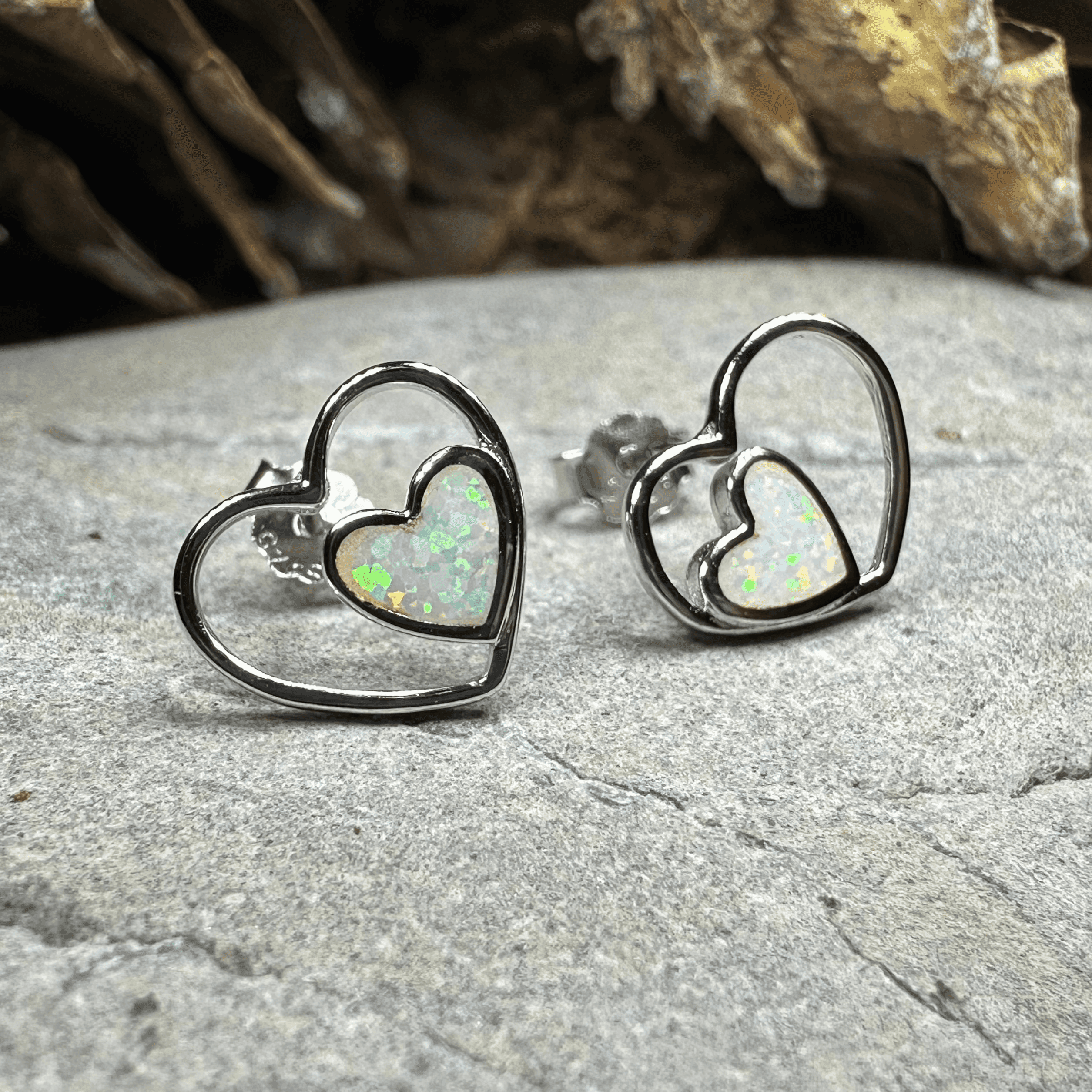 Double Heart Stud Earrings - White
