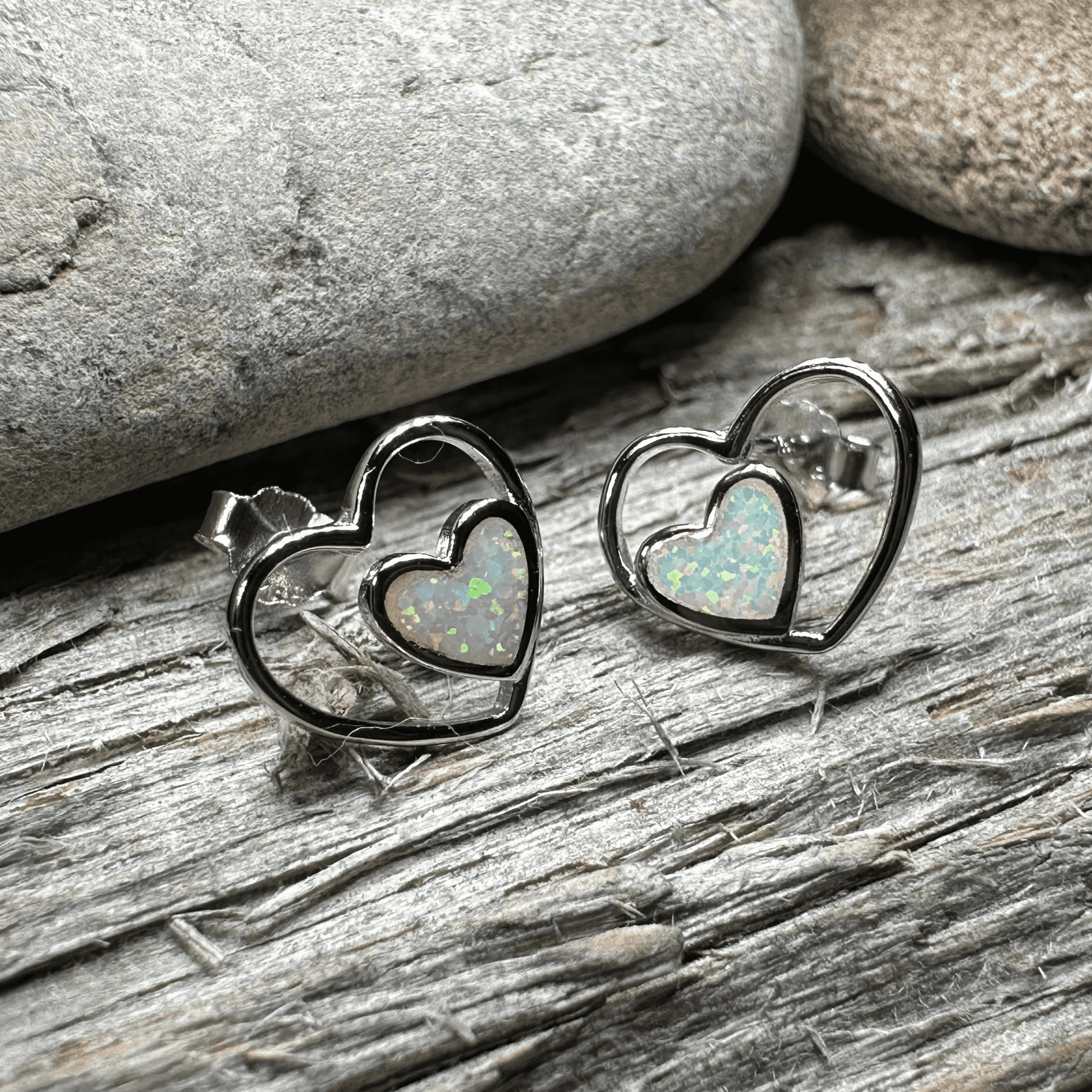 Double Heart Stud Earrings - Blue