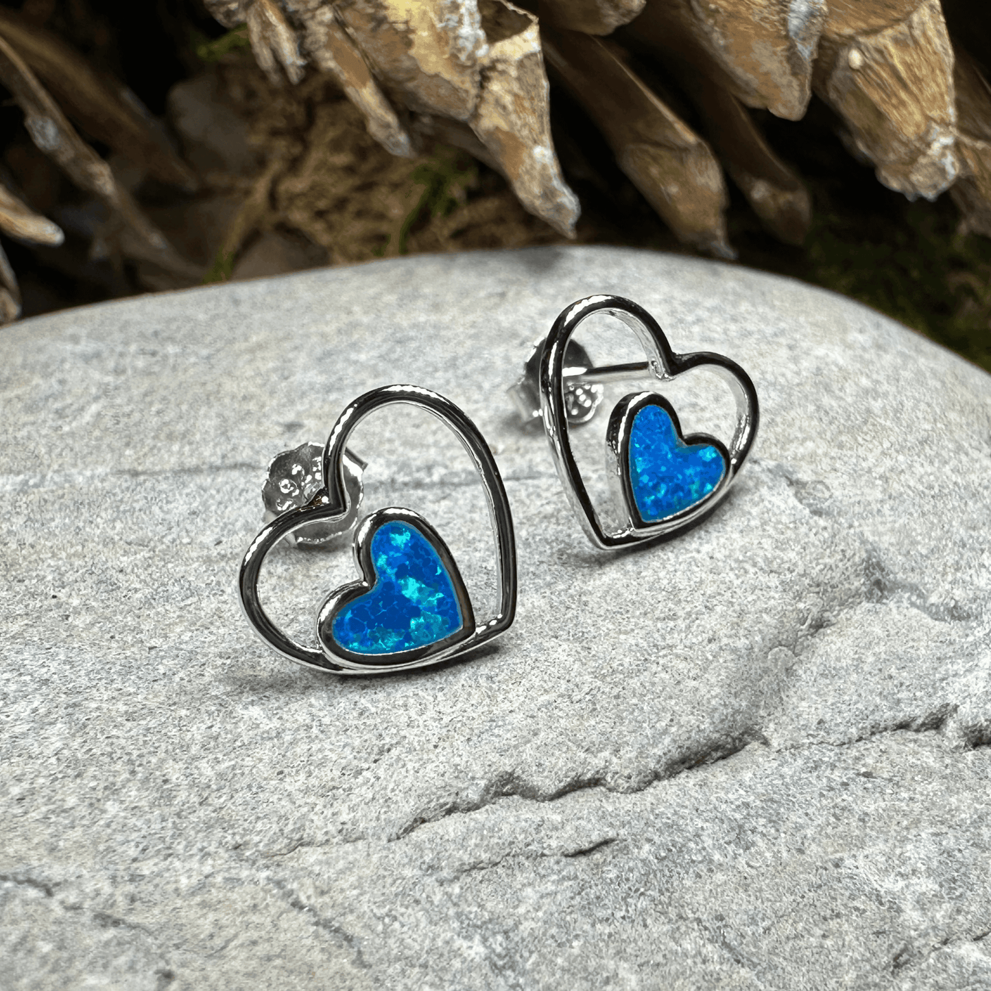 Double Heart Stud Earrings - Blue