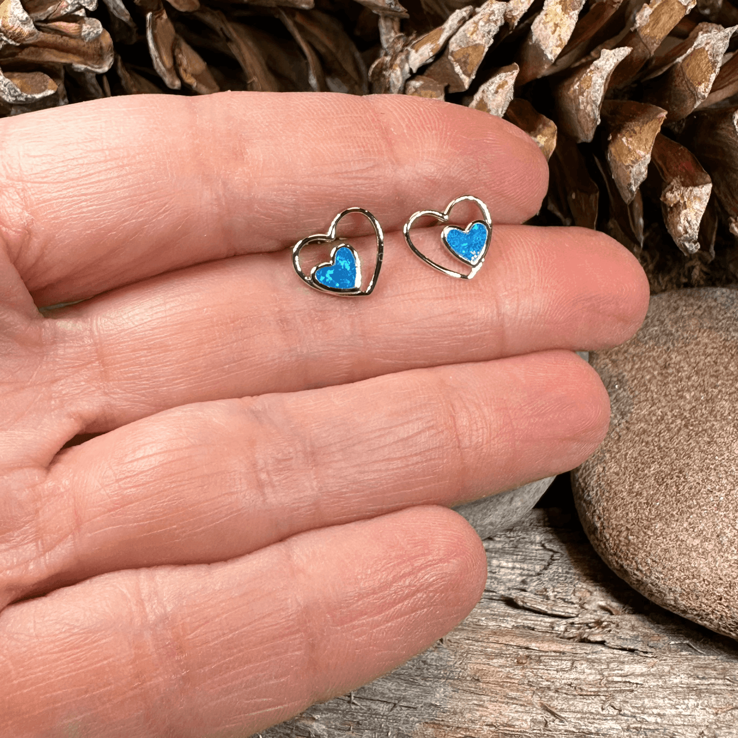 Double Heart Stud Earrings - Blue