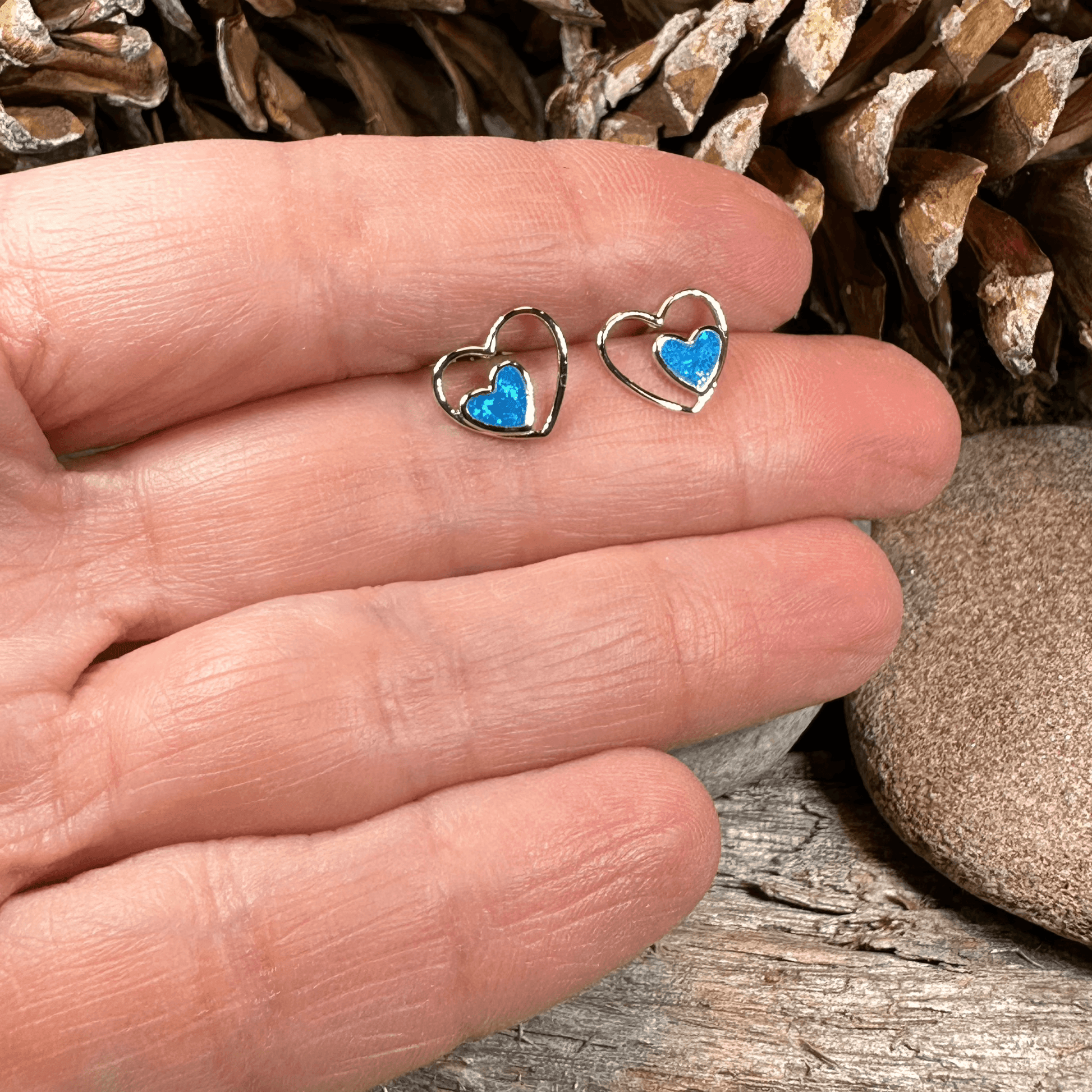 Double Heart Stud Earrings - Blue