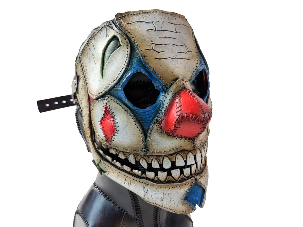 Genuine Leather Mask - Shattered Clown - Thick Straps w Velcro Included - Wide Mouth Edition