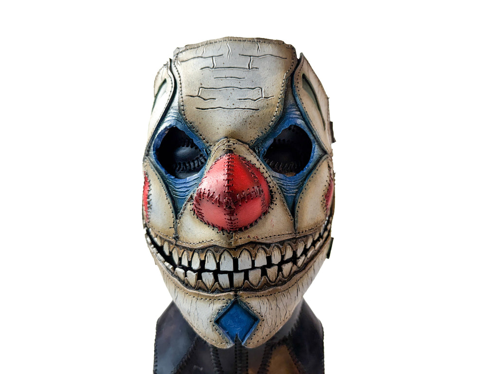 Genuine Leather Mask - Shattered Clown - Thick Straps w Velcro Included - Wide Mouth Edition