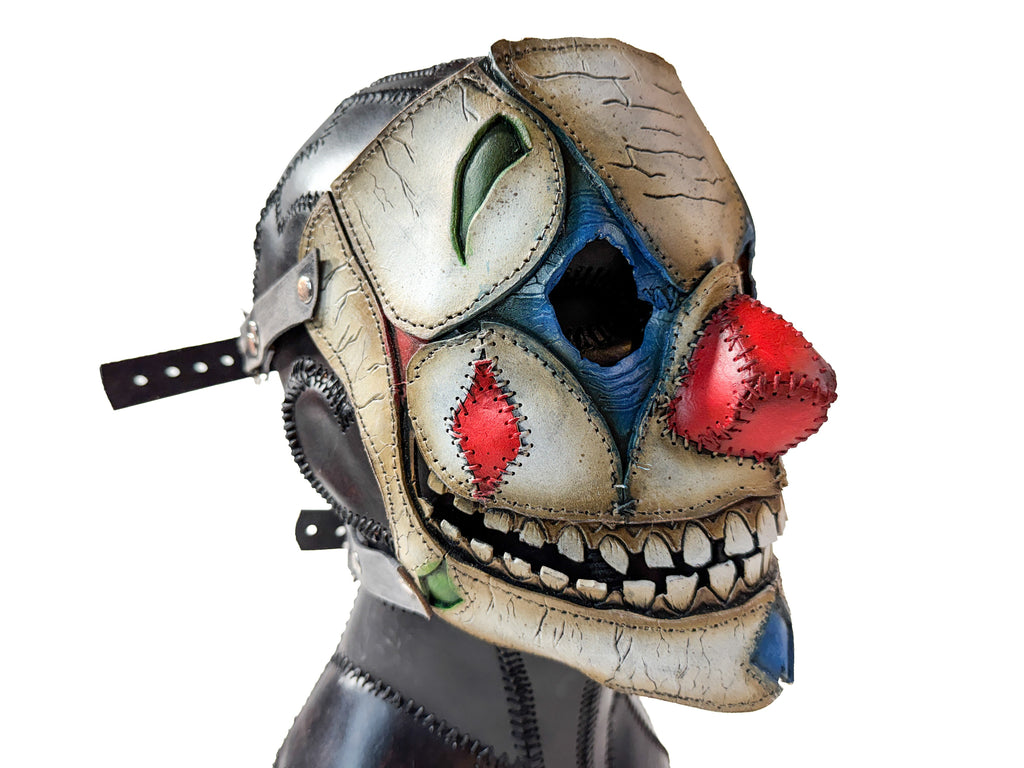 Genuine Leather Mask - Shattered Clown - Thick Straps w Velcro Included - Wide Mouth Edition