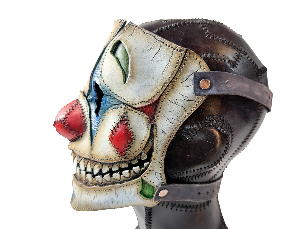 Genuine Leather Mask - Shattered Clown - Thick Straps w Velcro Included - Wide Mouth Edition