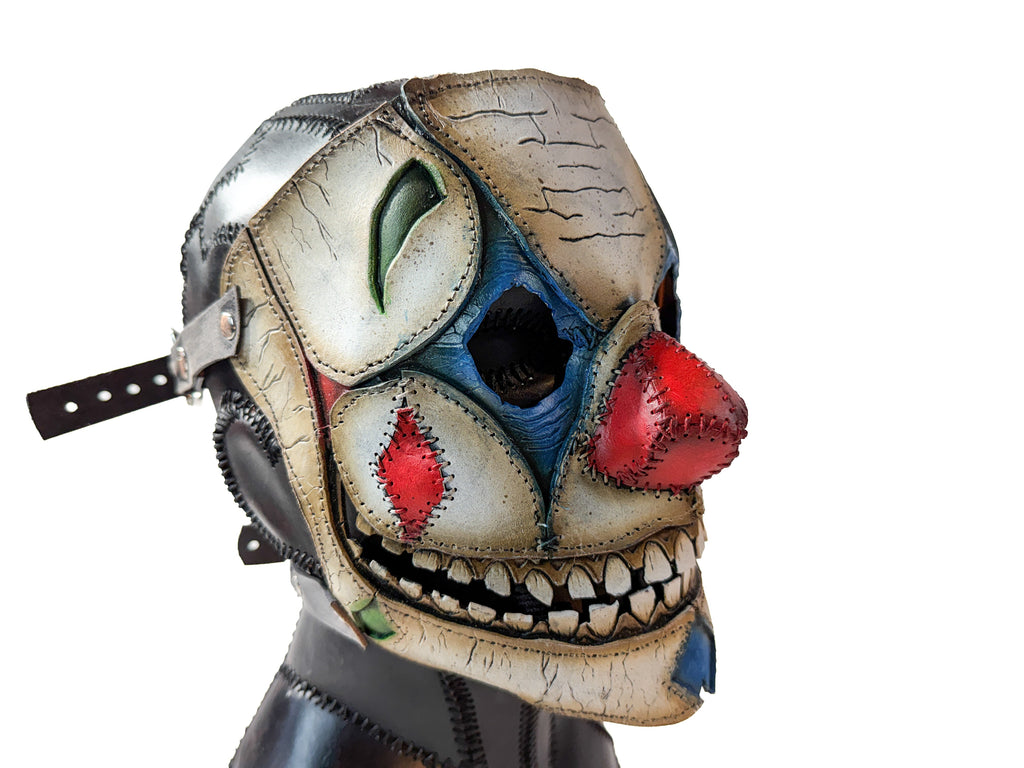 Genuine Leather Mask - Shattered Clown - Thick Straps w Velcro Included - Wide Mouth Edition