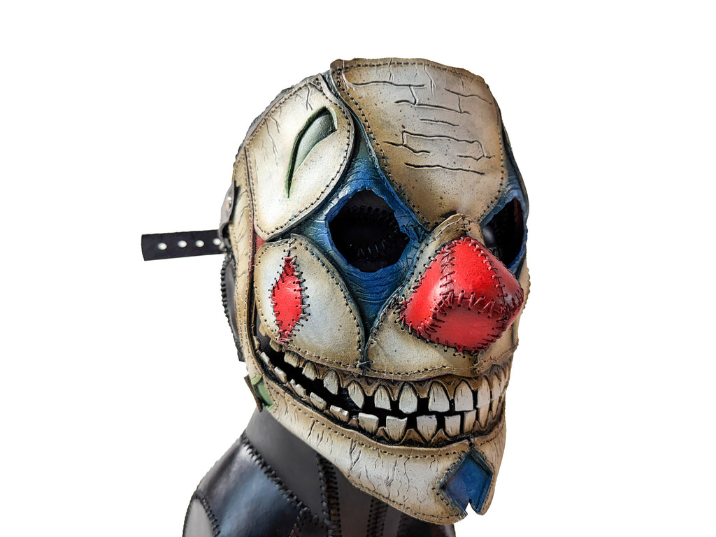 Genuine Leather Mask - Shattered Clown - Thick Straps w Velcro Included - Wide Mouth Edition