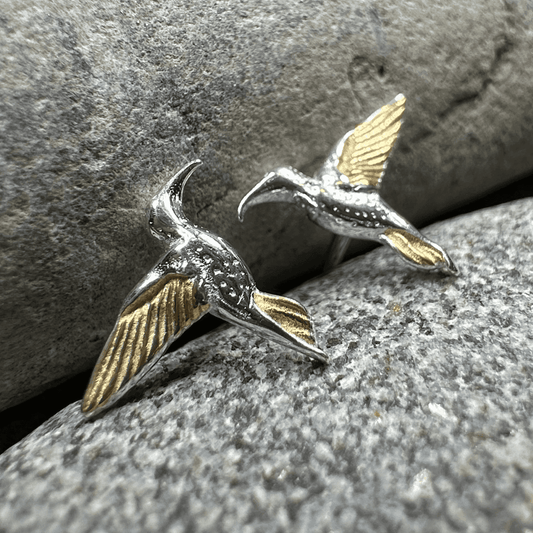 Golden Wing Hummingbird Post Earrings - 