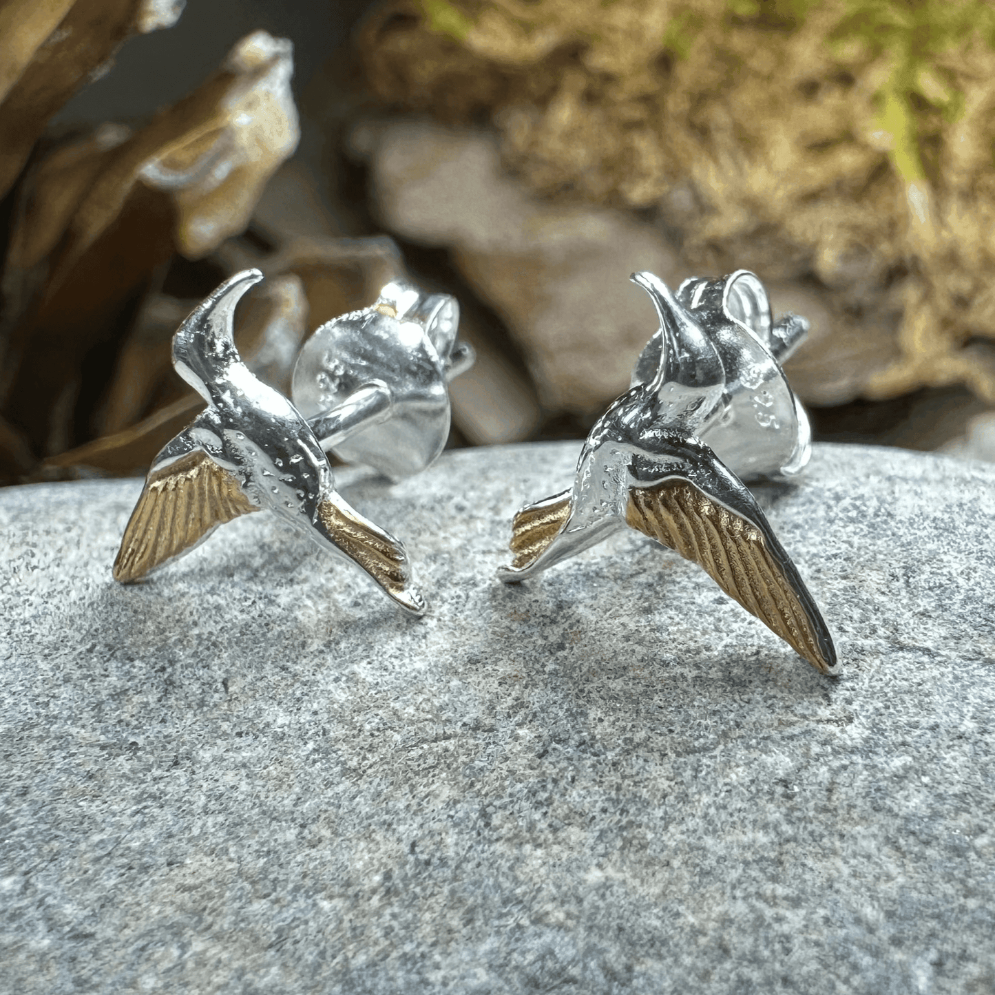 Golden Wing Hummingbird Post Earrings - 
