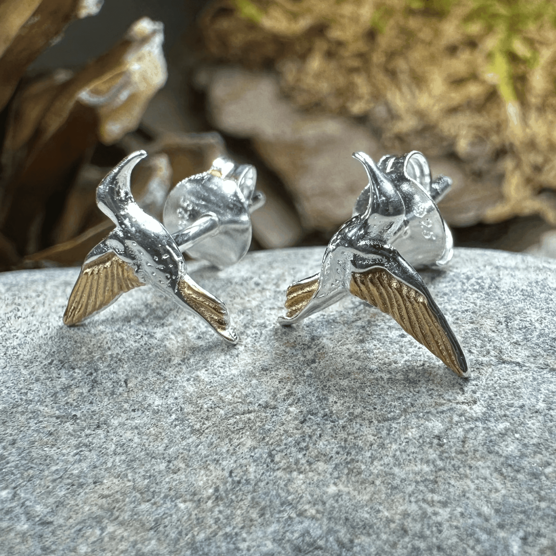 Golden Wing Hummingbird Post Earrings - 