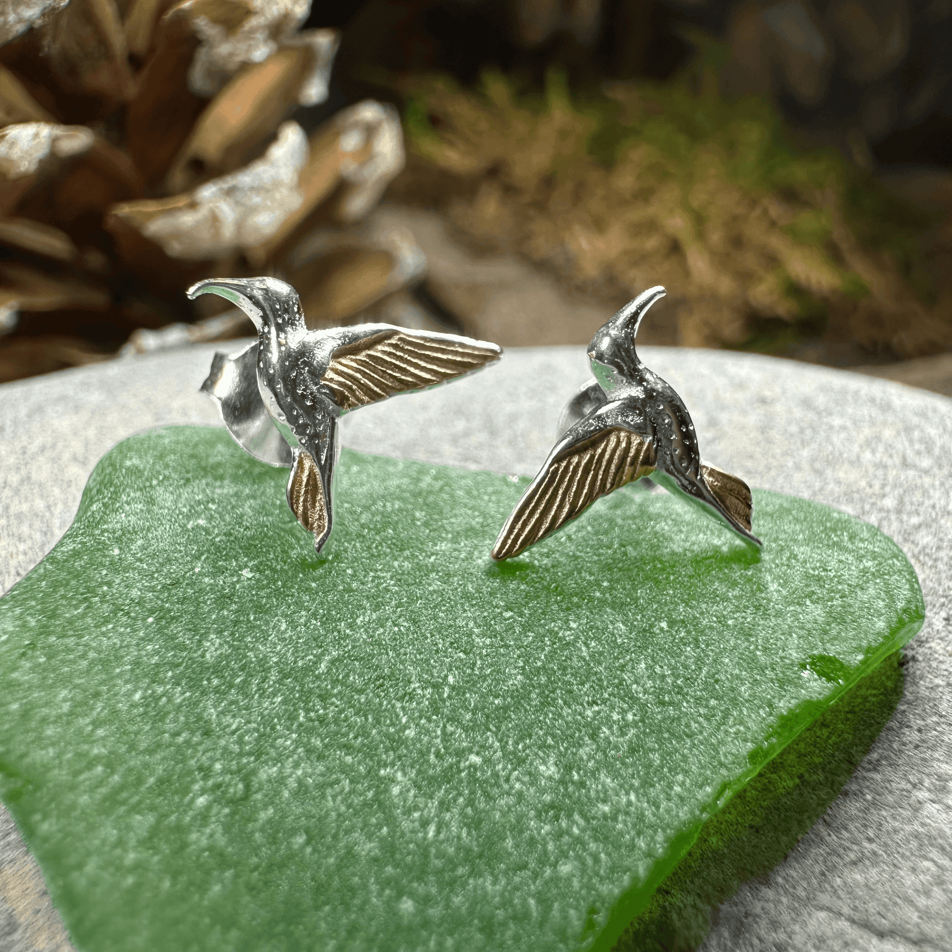 Golden Wing Hummingbird Post Earrings - 