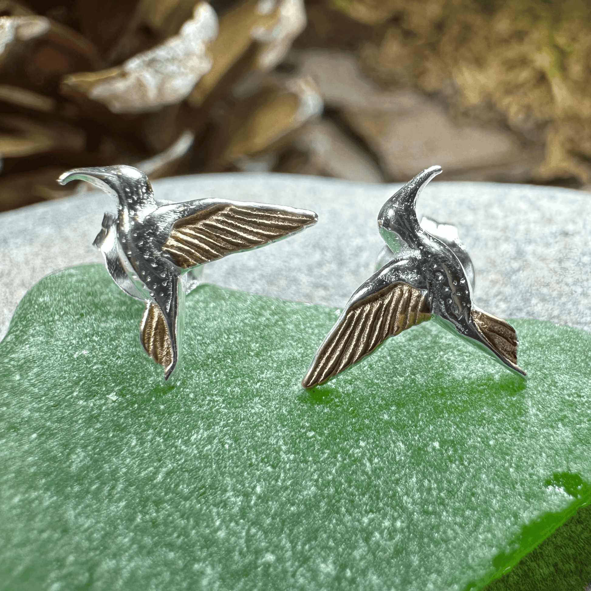 Golden Wing Hummingbird Post Earrings - 