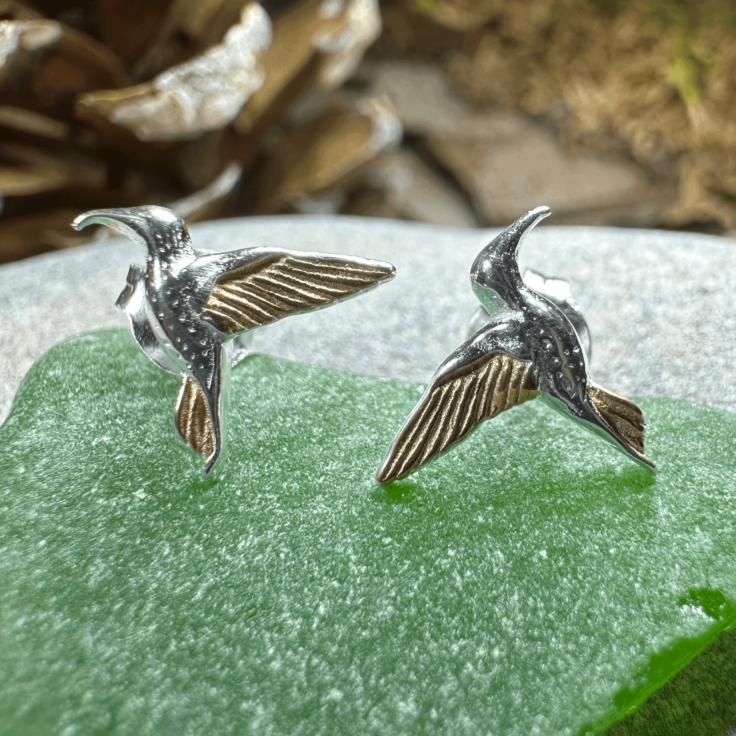 Golden Wing Hummingbird Post Earrings - 
