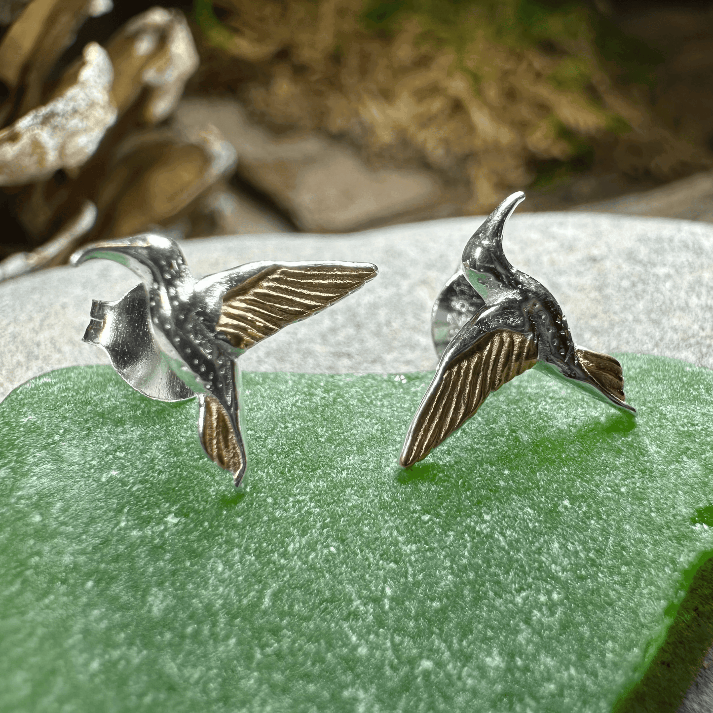 Golden Wing Hummingbird Post Earrings - 