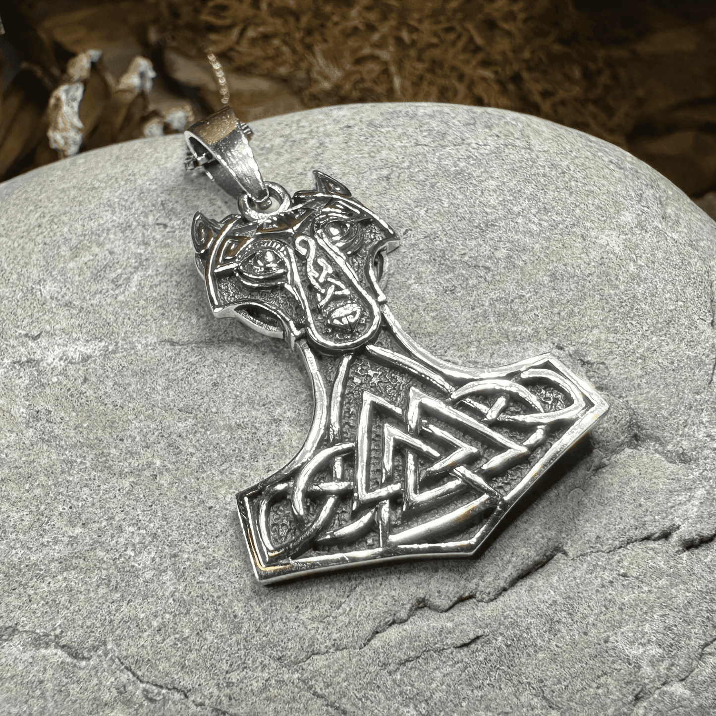 Wolf's Head Thor's Hammer Necklace - 18
