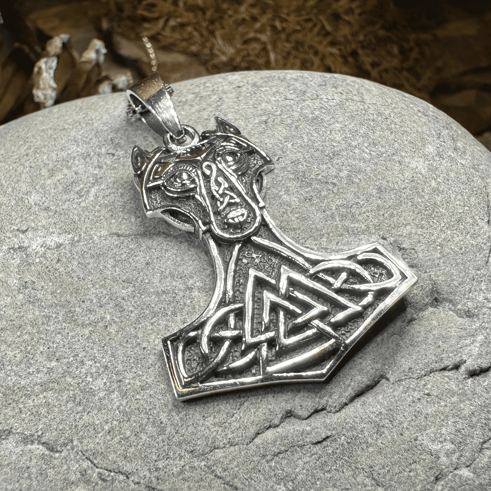 Wolf's Head Thor's Hammer Necklace - 18