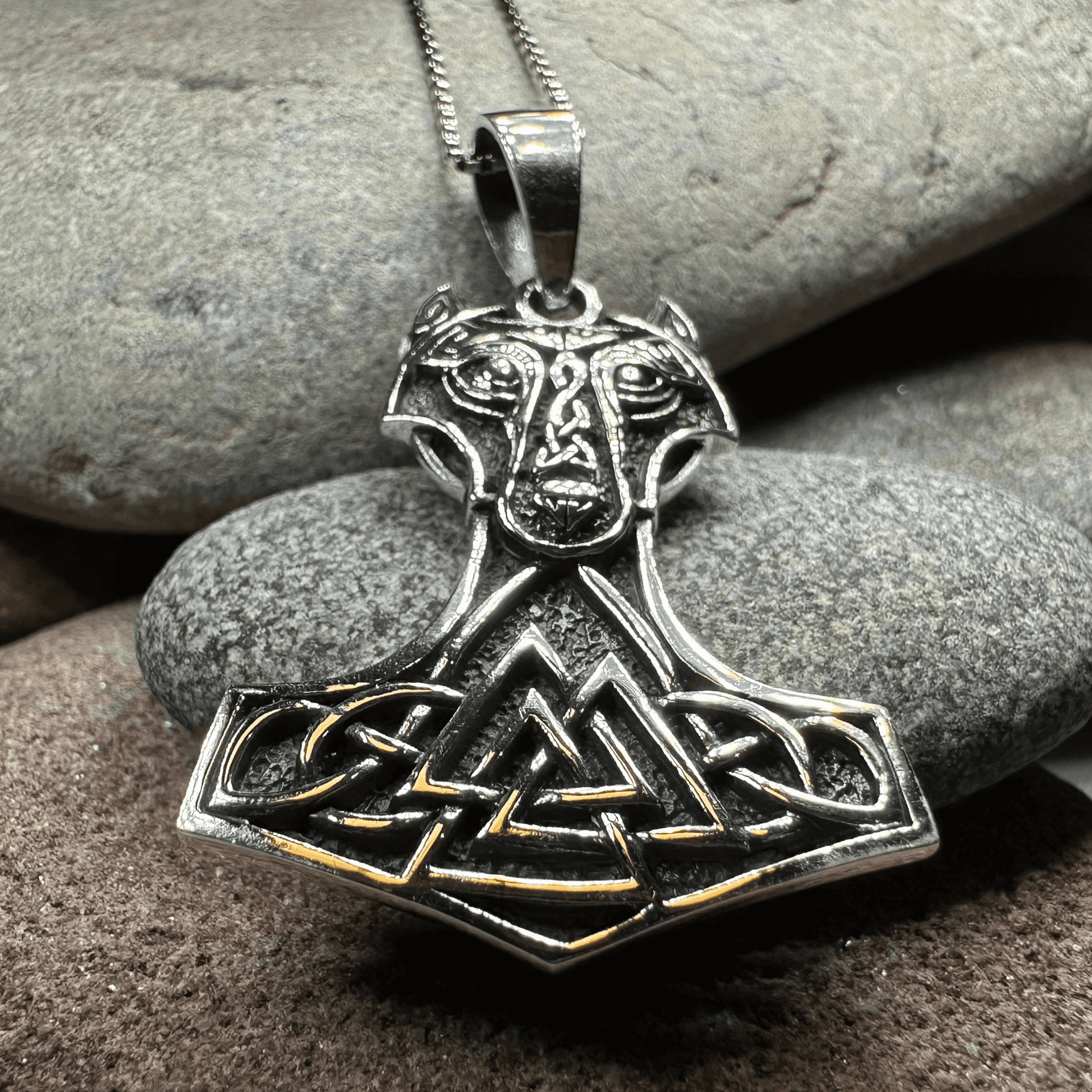 Wolf's Head Thor's Hammer Necklace - 18