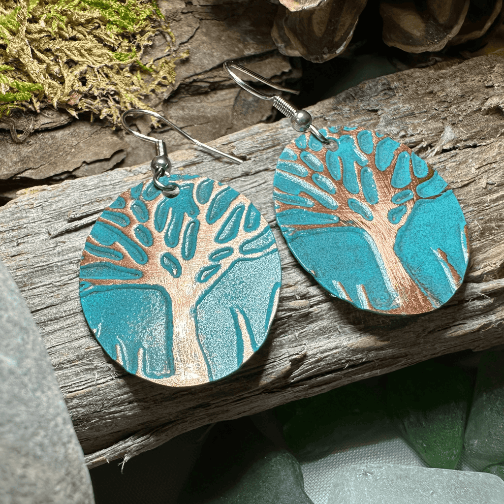Green Oak Tree of Life Copper Earrings - 