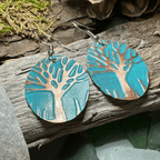 Green Oak Tree of Life Copper Earrings - 