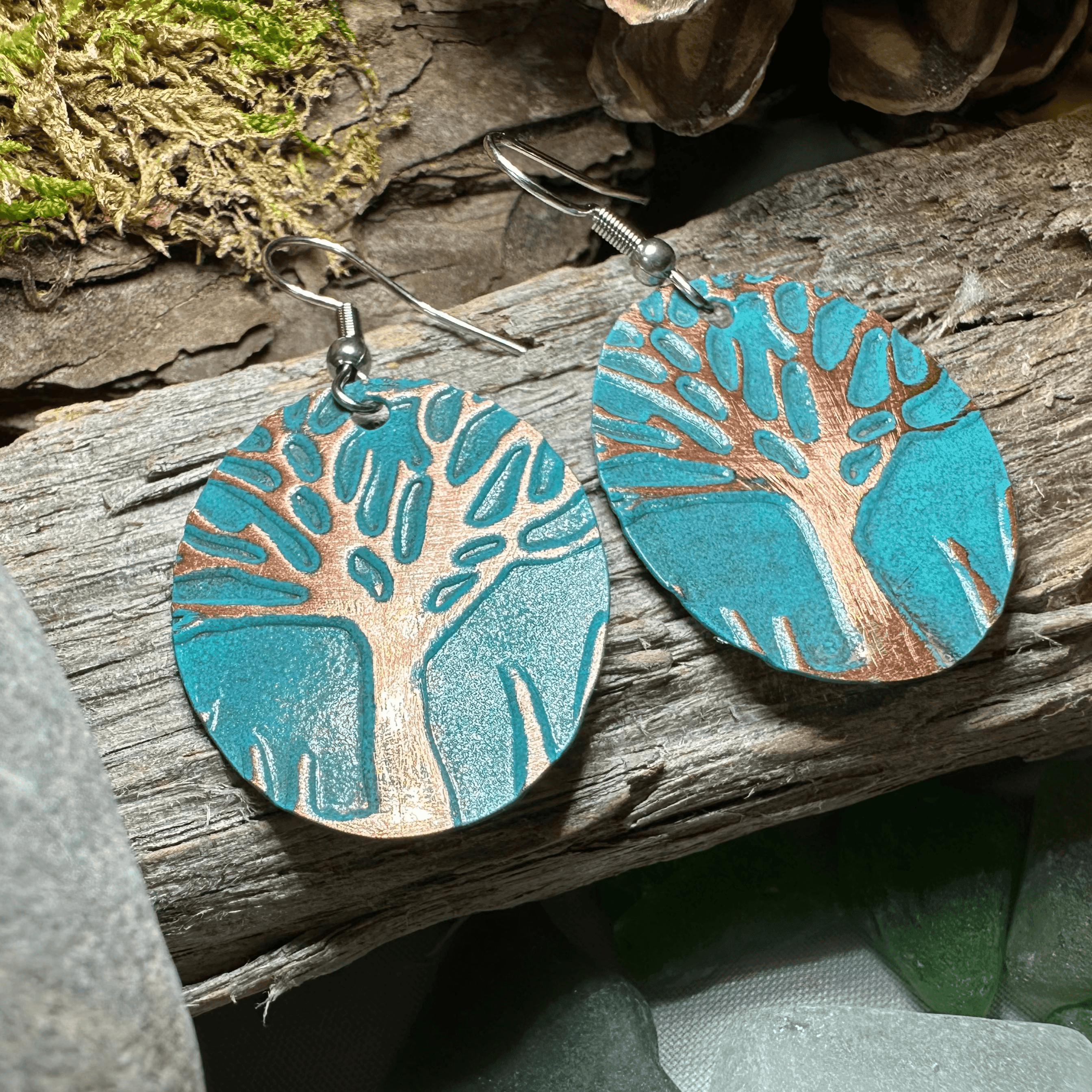 Green Oak Tree of Life Copper Earrings - 