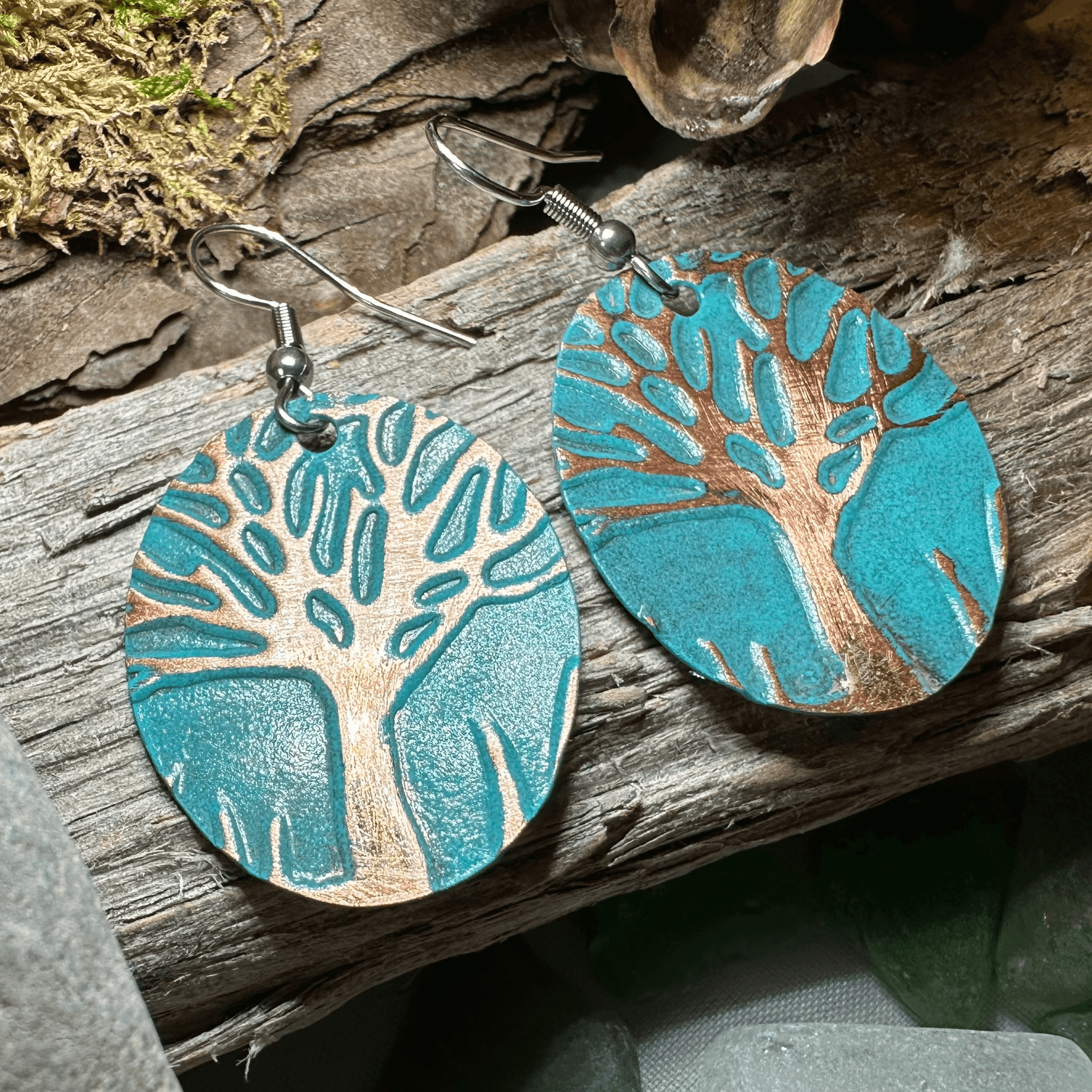 Green Oak Tree of Life Copper Earrings - 