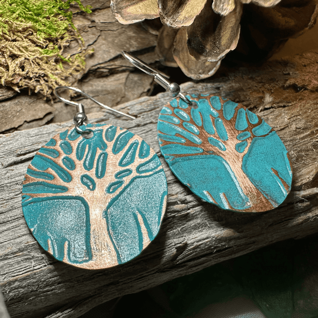 Green Oak Tree of Life Copper Earrings - 