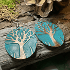Green Oak Tree of Life Copper Earrings - 