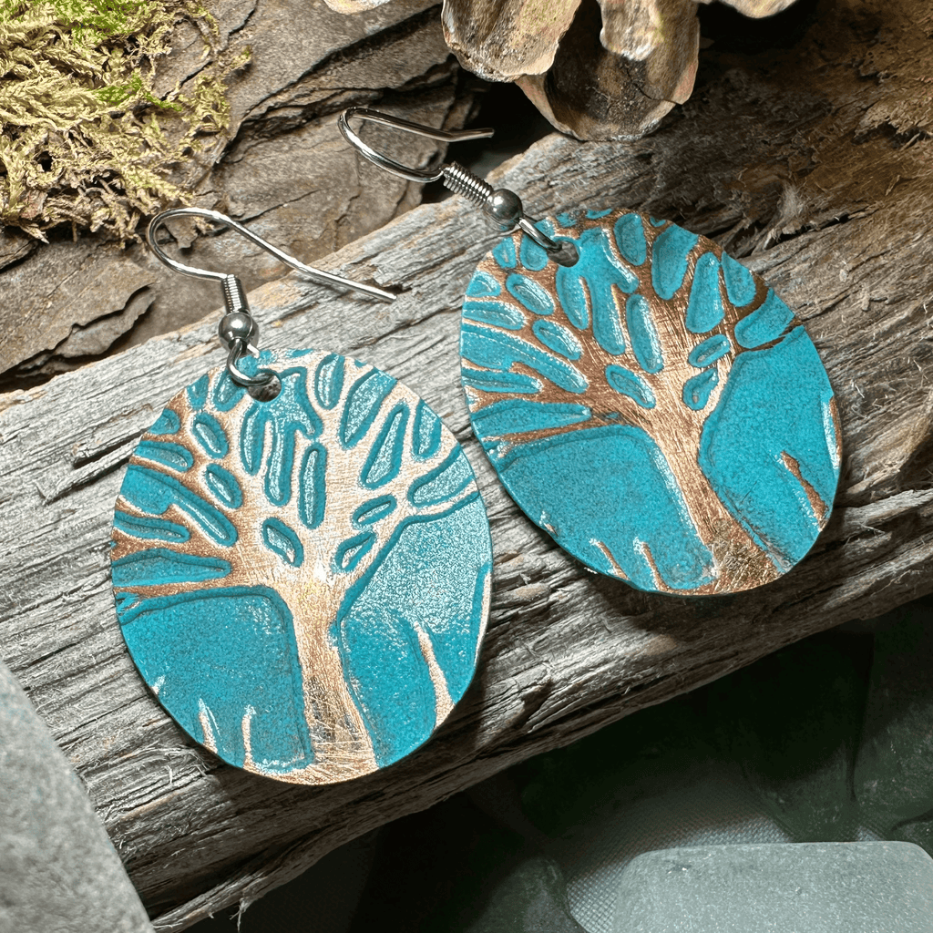Green Oak Tree of Life Copper Earrings - 