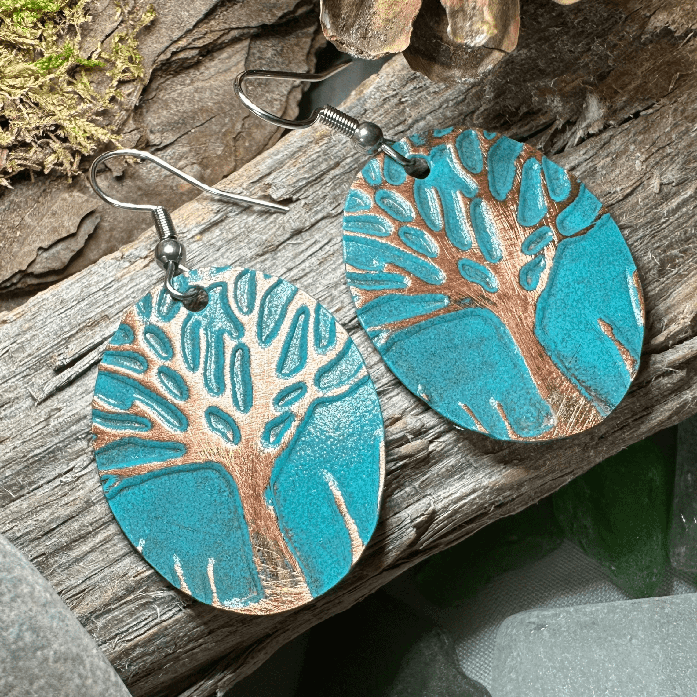 Green Oak Tree of Life Copper Earrings - 
