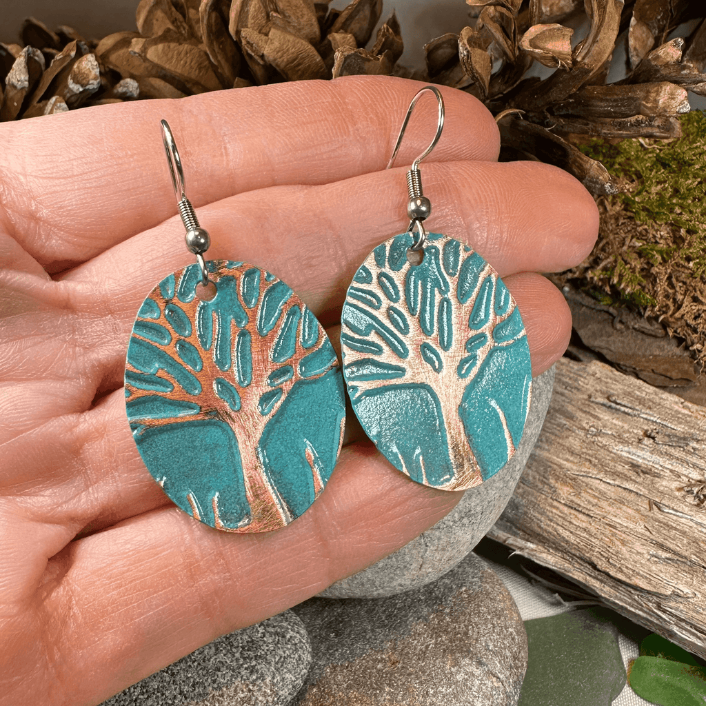 Green Oak Tree of Life Copper Earrings - 