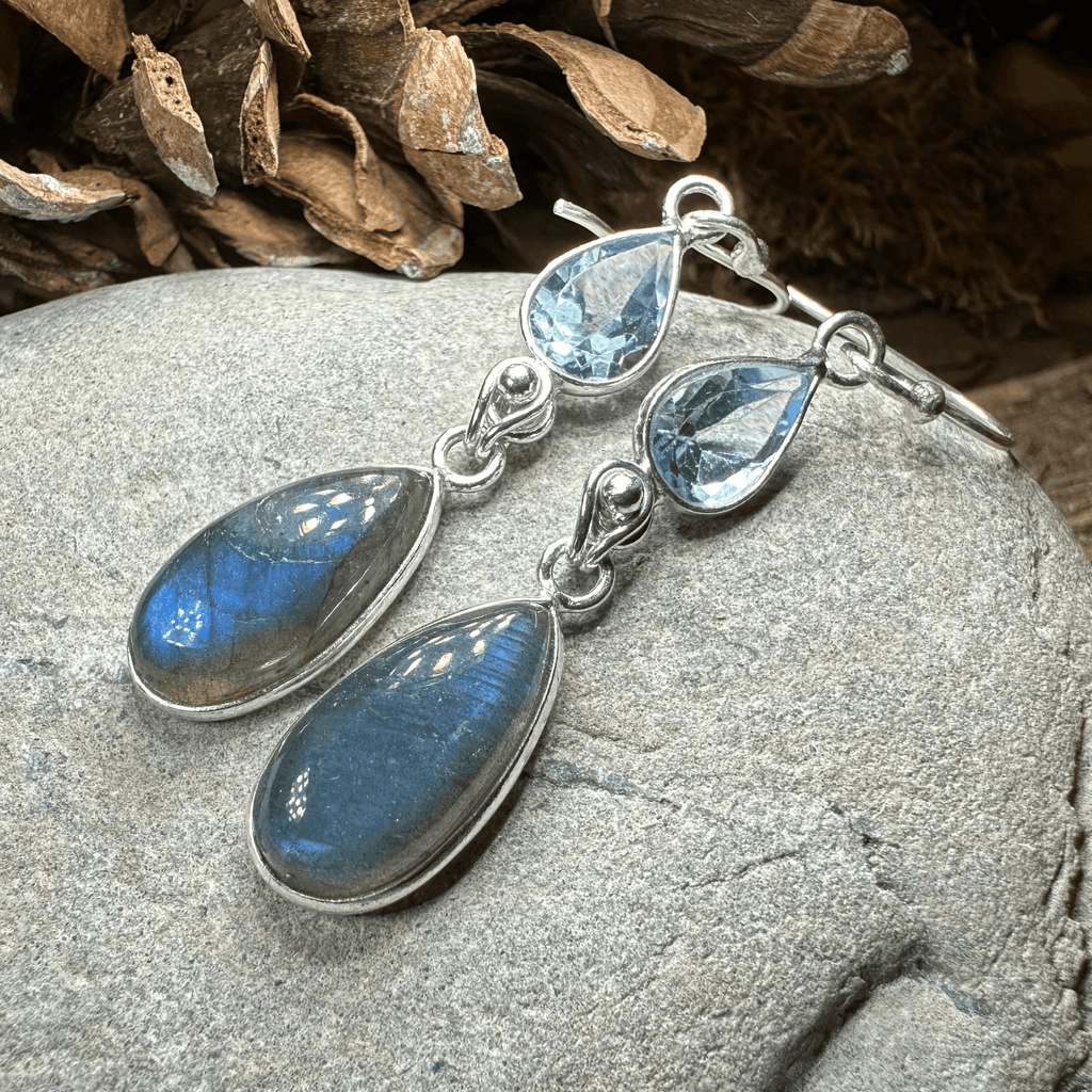 Celtic Waters Earrings - Square Stone Blue Topaz