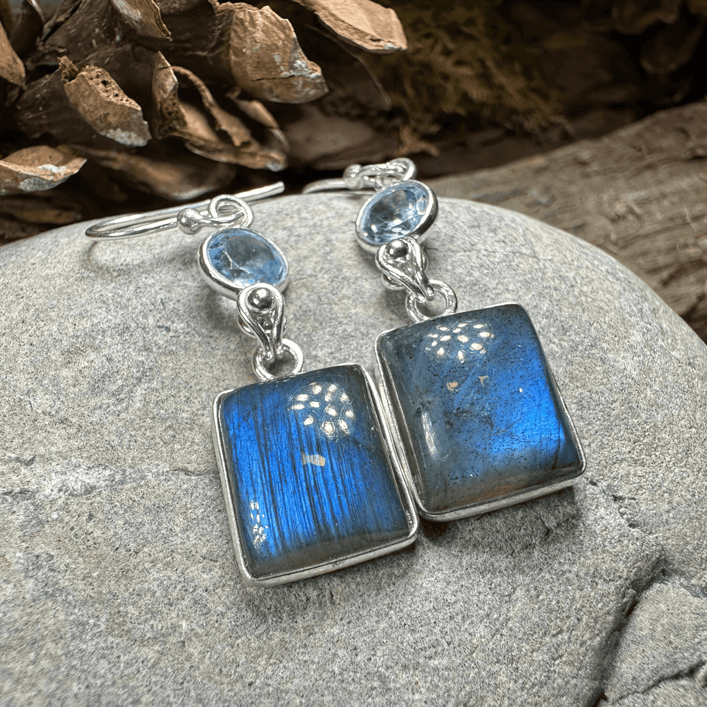 Celtic Waters Earrings - Square Stone Blue Topaz