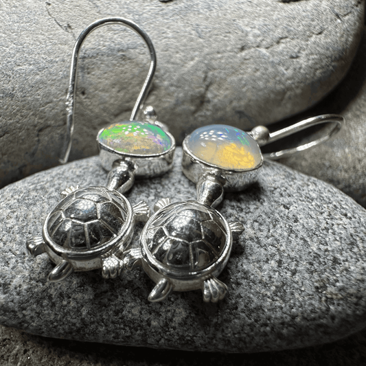 Turtle Opal Earrings - Round Stone