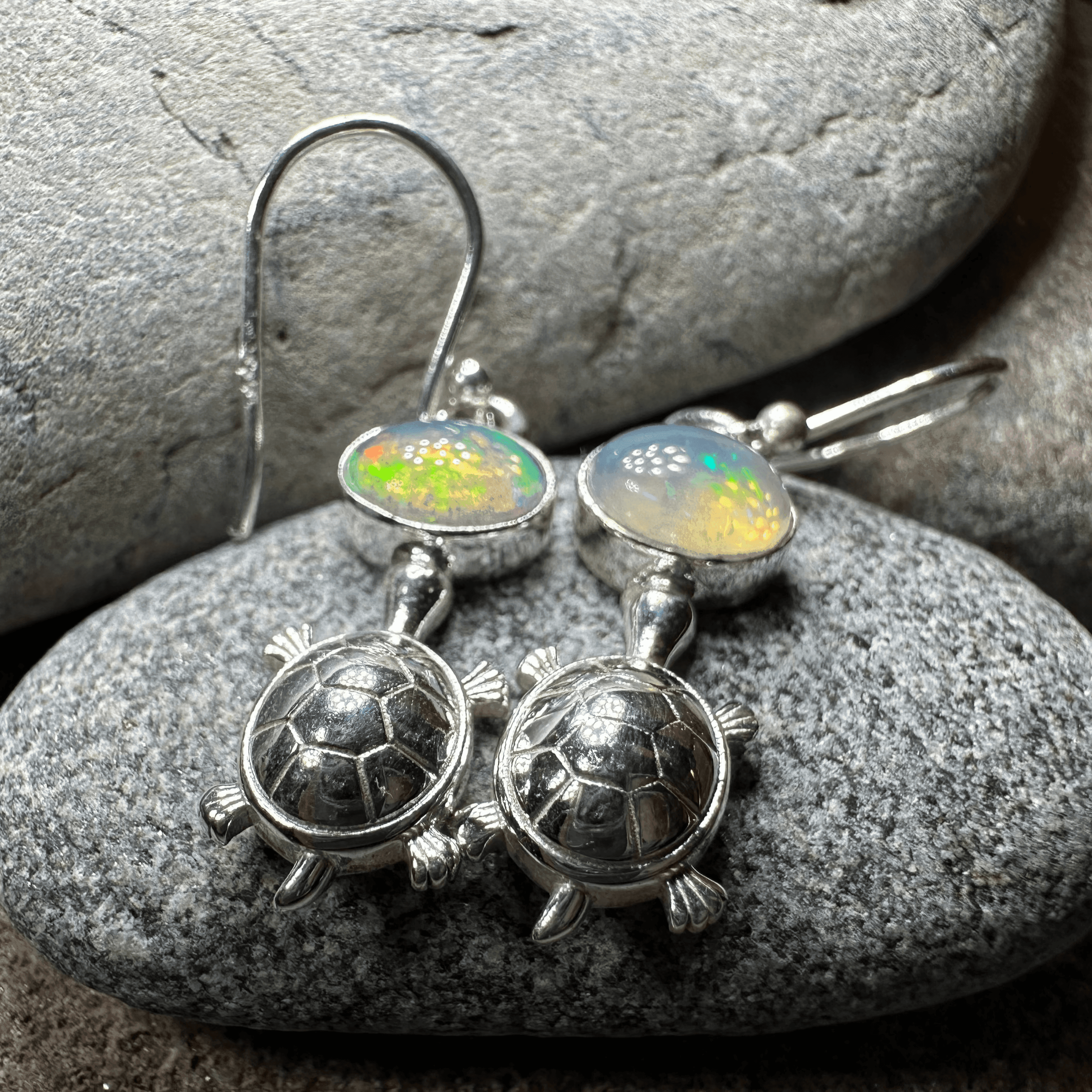 Turtle Opal Earrings - Round Stone
