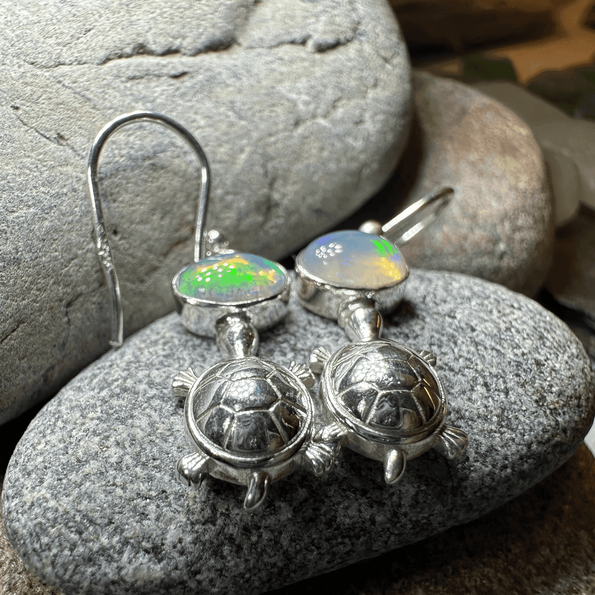 Turtle Opal Earrings - Round Stone