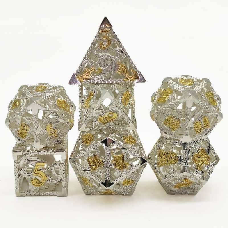 (Elvish White w/gold) Deadly Dragon Dice: Shards of Oblivion Hollow Metal - 7-Dice Set