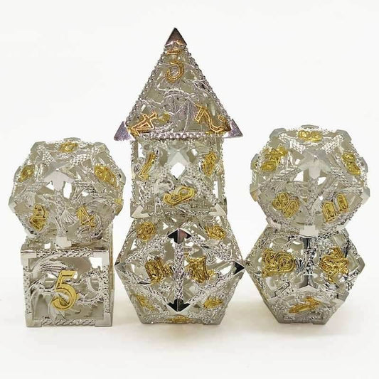 (Elvish White w/gold) Deadly Dragon Dice: Shards of Oblivion Hollow Metal - 7-Dice Set