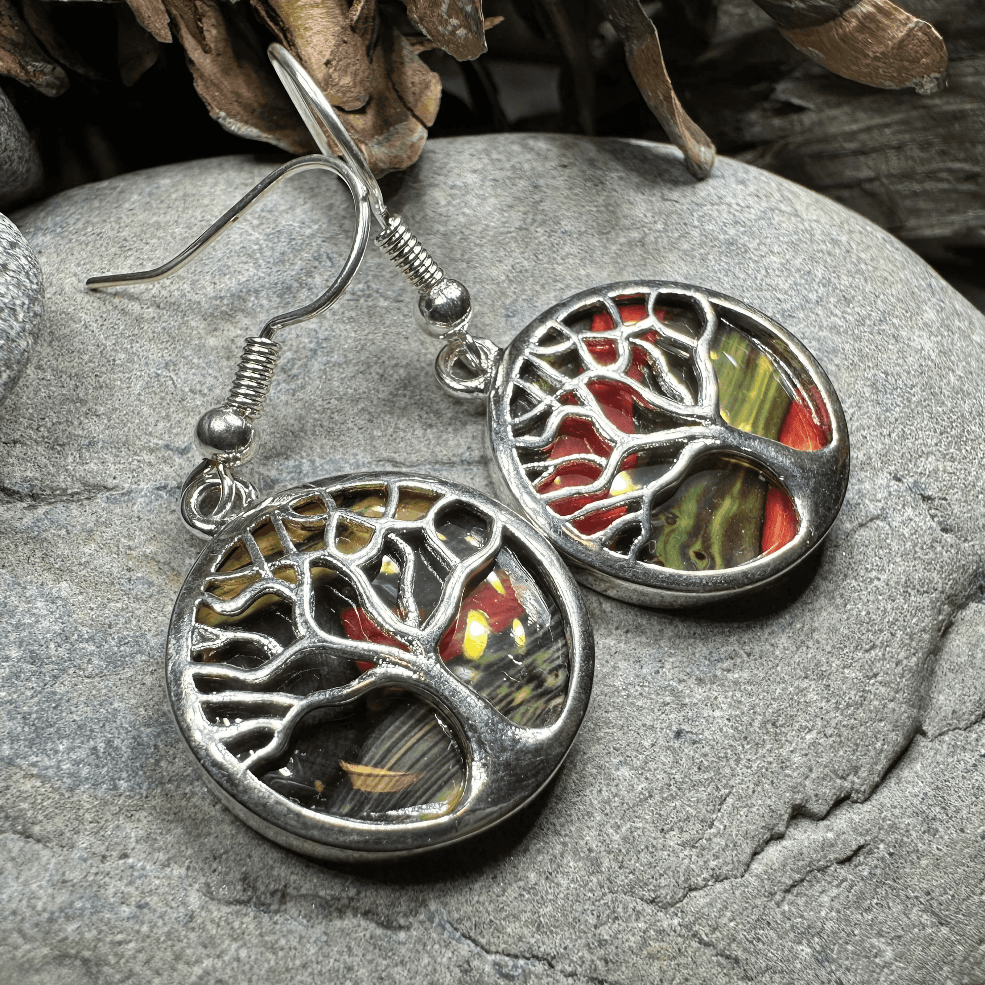 Heathergems Tree of Life Earrings - Green/Red/Gold